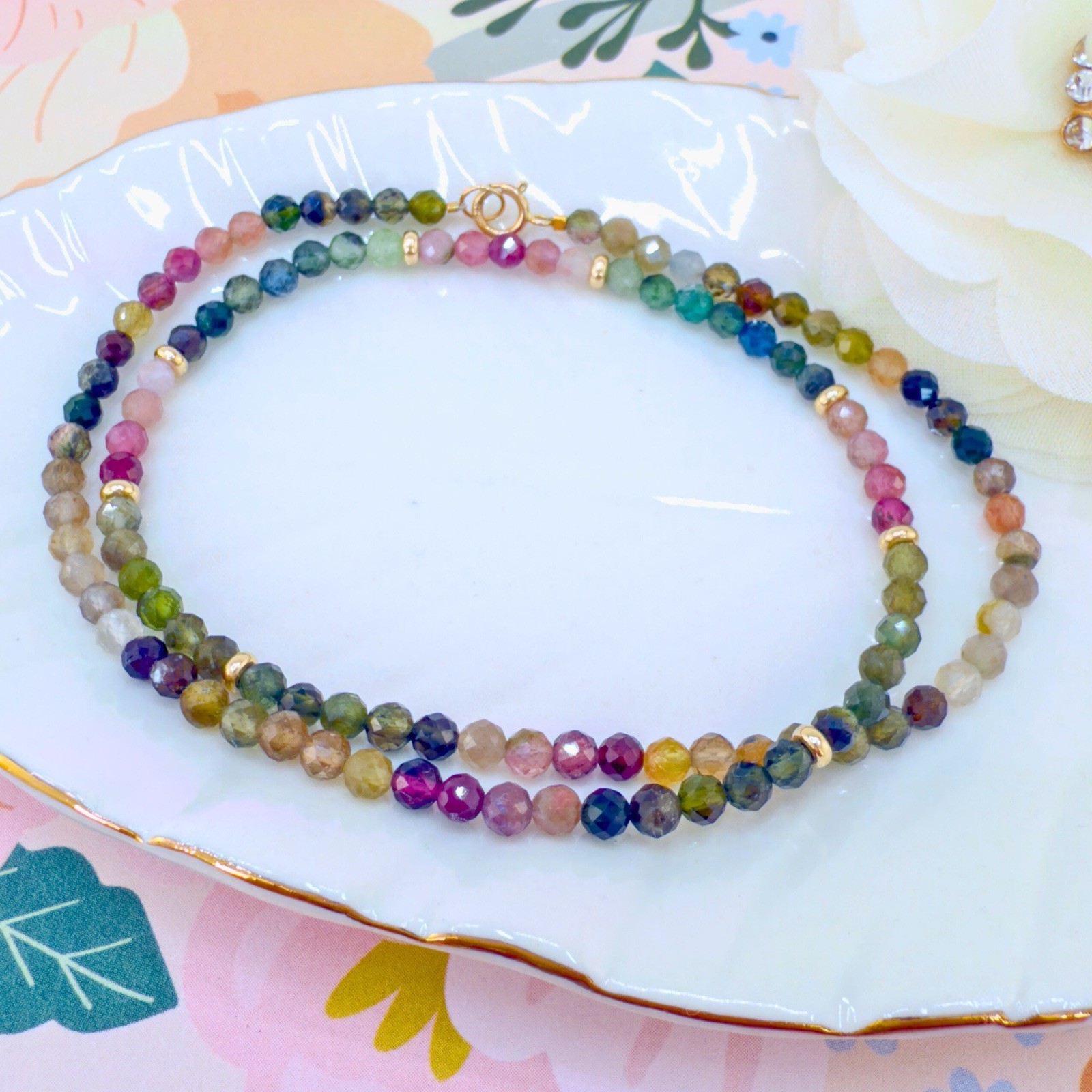 14k Yellow Gold Multicolor Tourmaline Bead Necklace, New 16