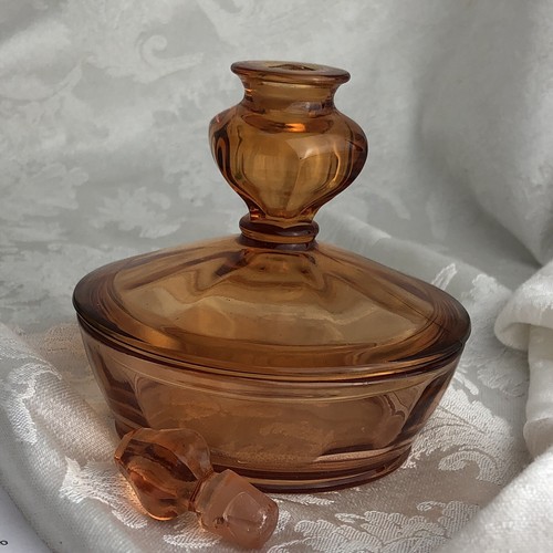 Fostoria Antique Amber Glass Perfume Bottle Powder Dish Stopper Combo Circa 1940
