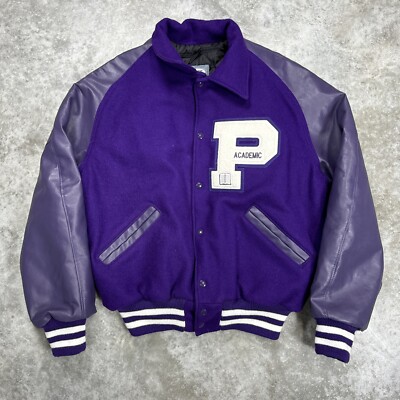 Vintage Neff Varsity Letter Jacket Letterman Purple USA Made Large Wool Leather