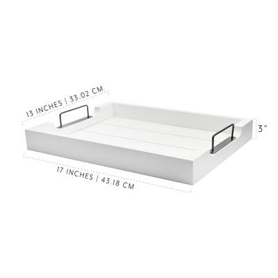 White Wooden Shiplap Serving Tray; Rustic Farmhouse Ottoman w/Black Handles