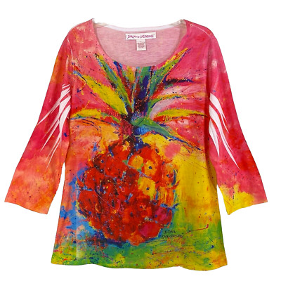 Leoma Lovegrove Art to Wear Top Pineapple 3/4 Sleeve Scoop Neck Womens S
