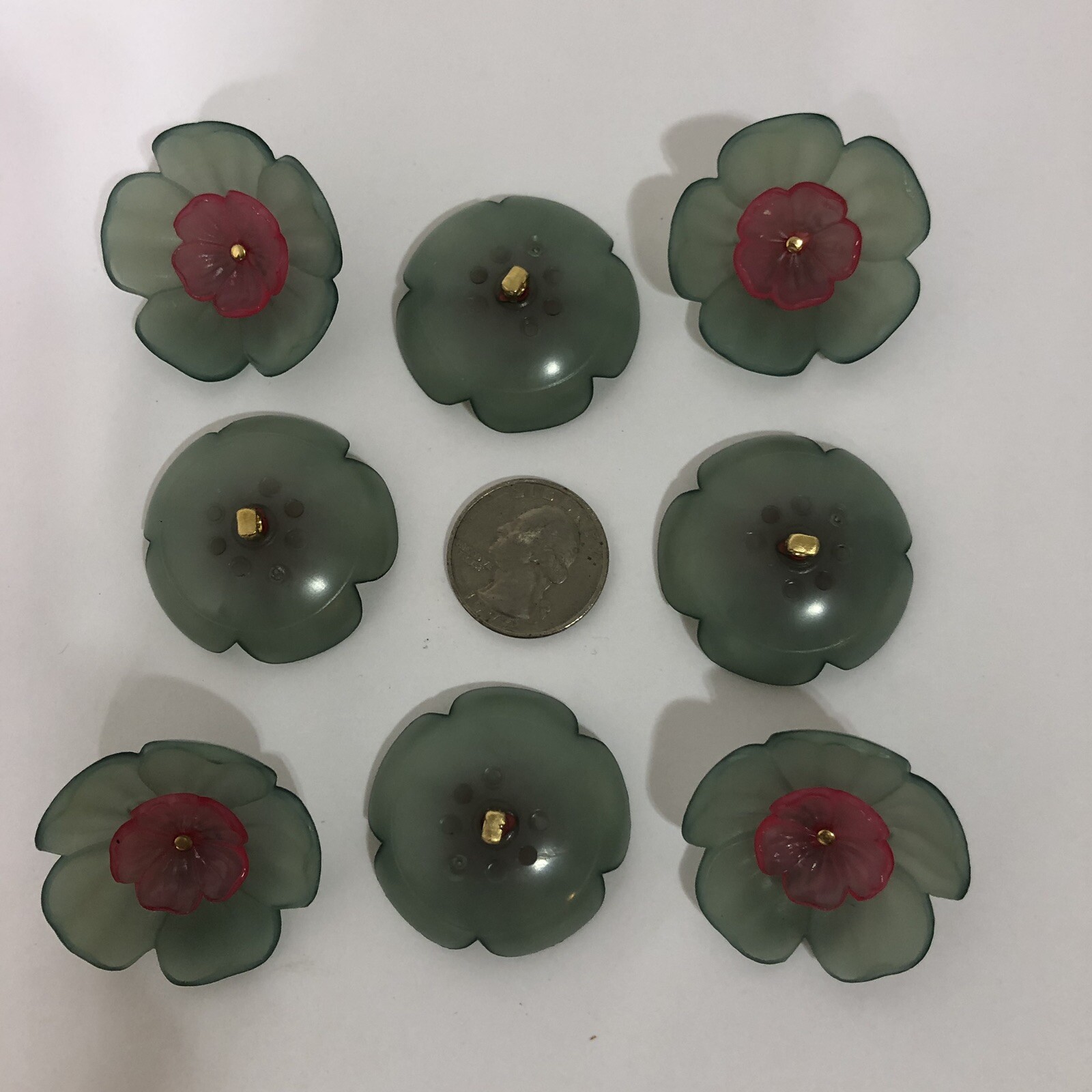 Vintage Seafoam Green Pink Floral Blossom Shank Buttons 36mm Lot of 3 A16-1