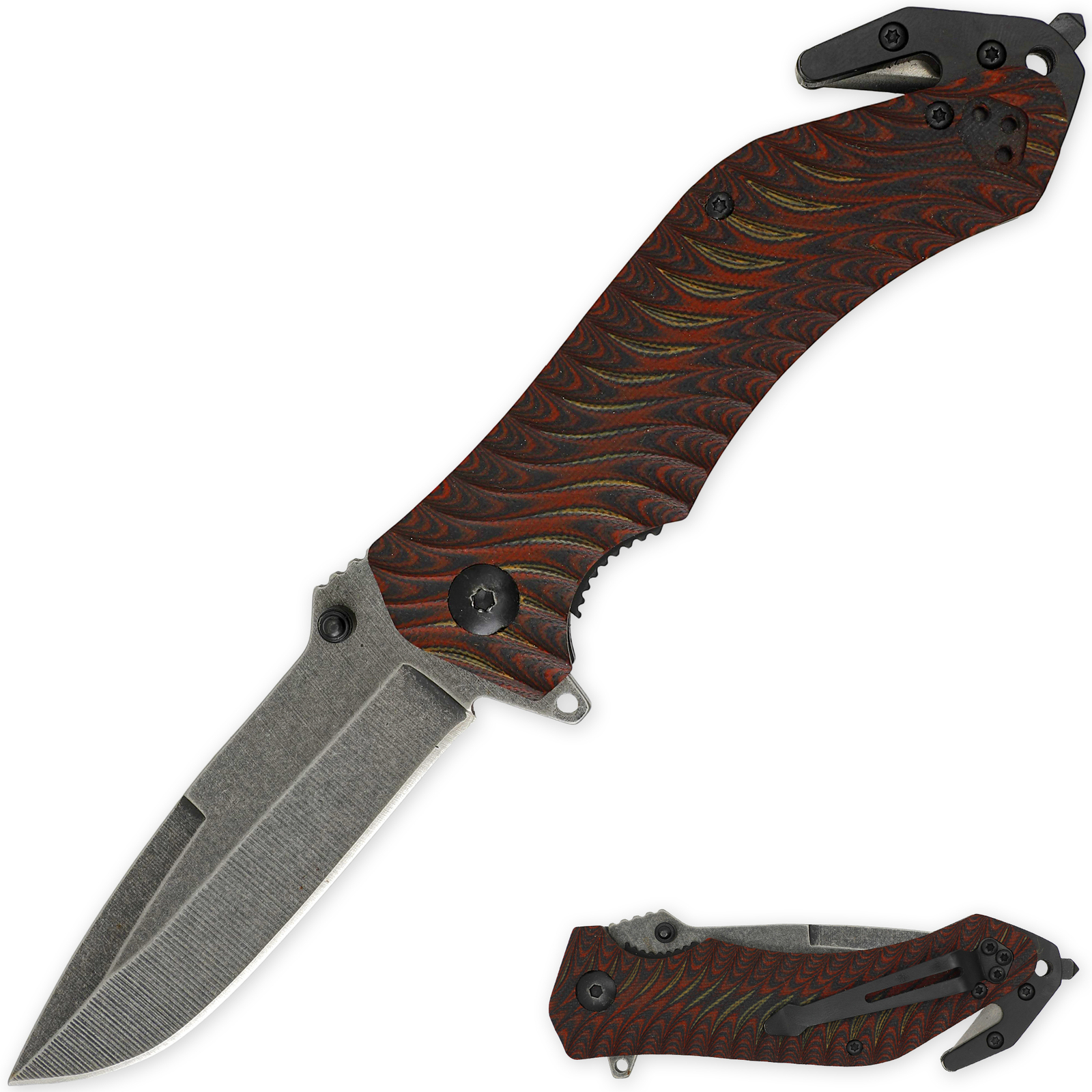 Multifunction Rescue Pocket Knife, Stainless Steel Blade Stone Wash G10 Handle