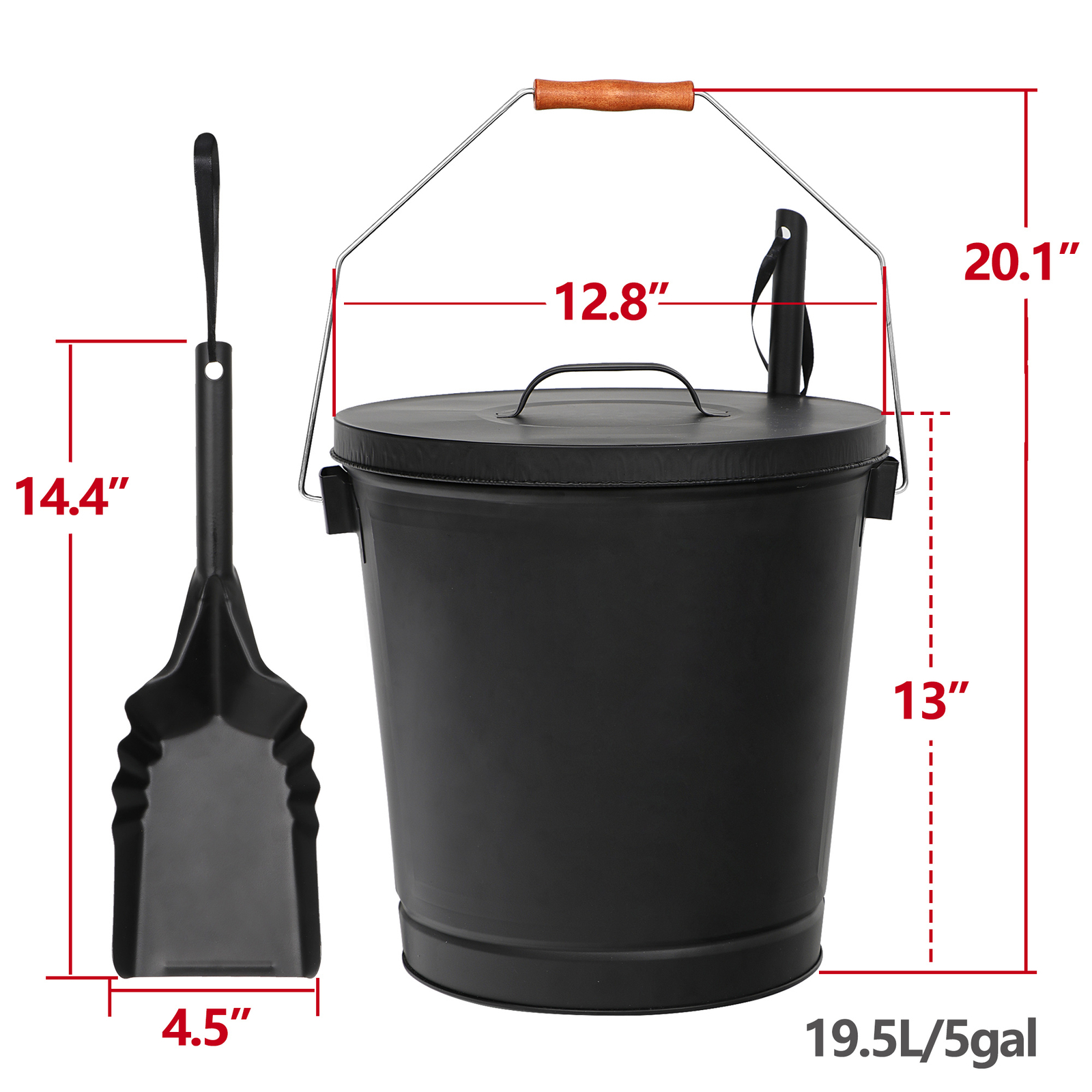 Fireplace Ash Bucket Black Metal With Shovel Lid Cover Stove Sturdy  Fire Pits
