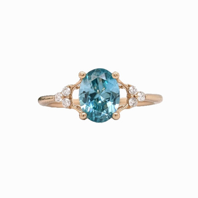 1.7ct Dazzling Blue Zircon Ring w Earth Mined Diamonds in Solid 14K Gold | Oval