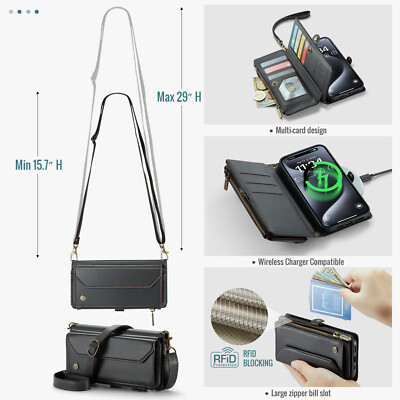 For iPhone 15 Pro Max 14 13 12 11 7 8 XR Leather Crossbody Strap Wallet Case 