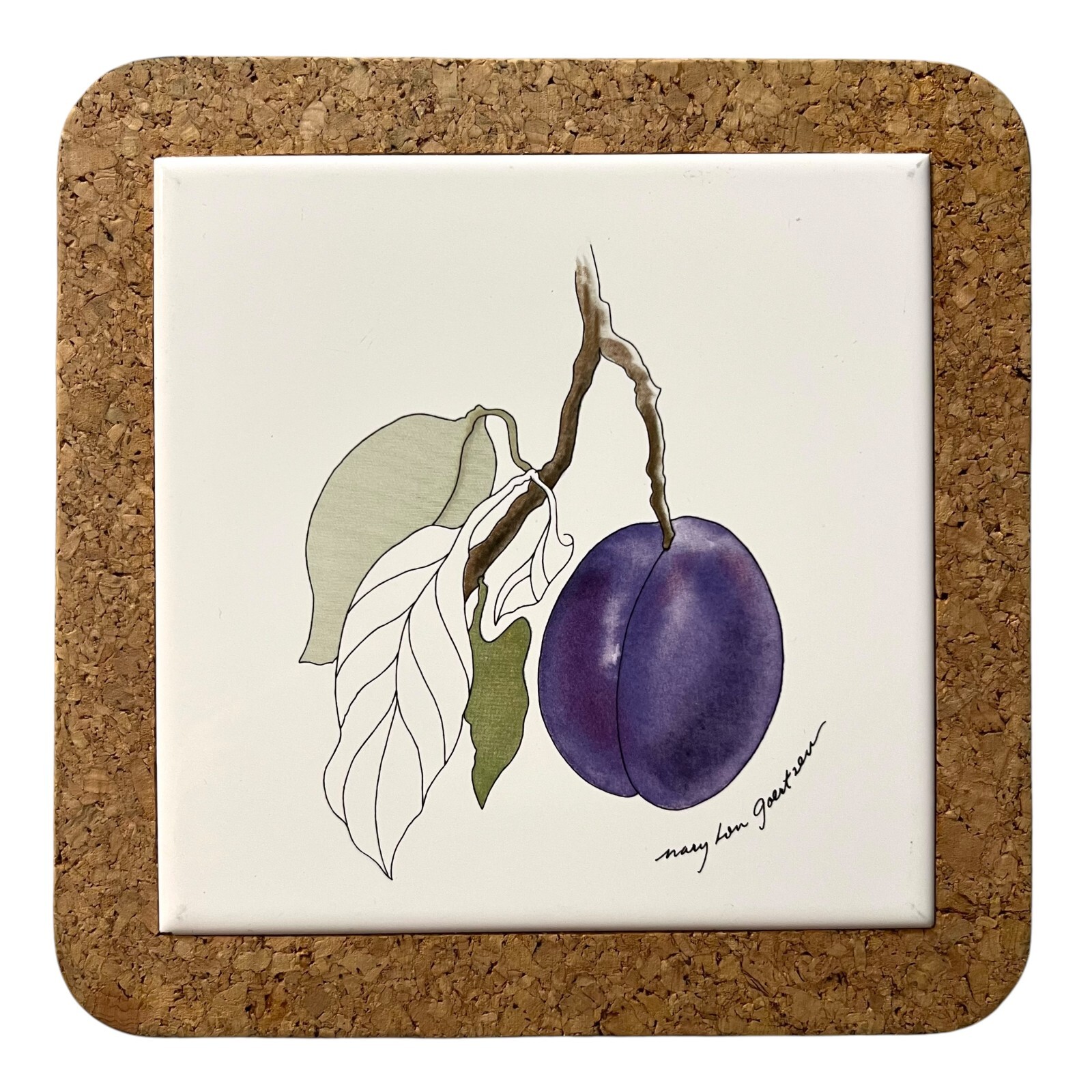 Handmade Mary Lou Goertzen Ceramic Tile Trivet Plum Art Kitchen Decor 7 5/8 in
