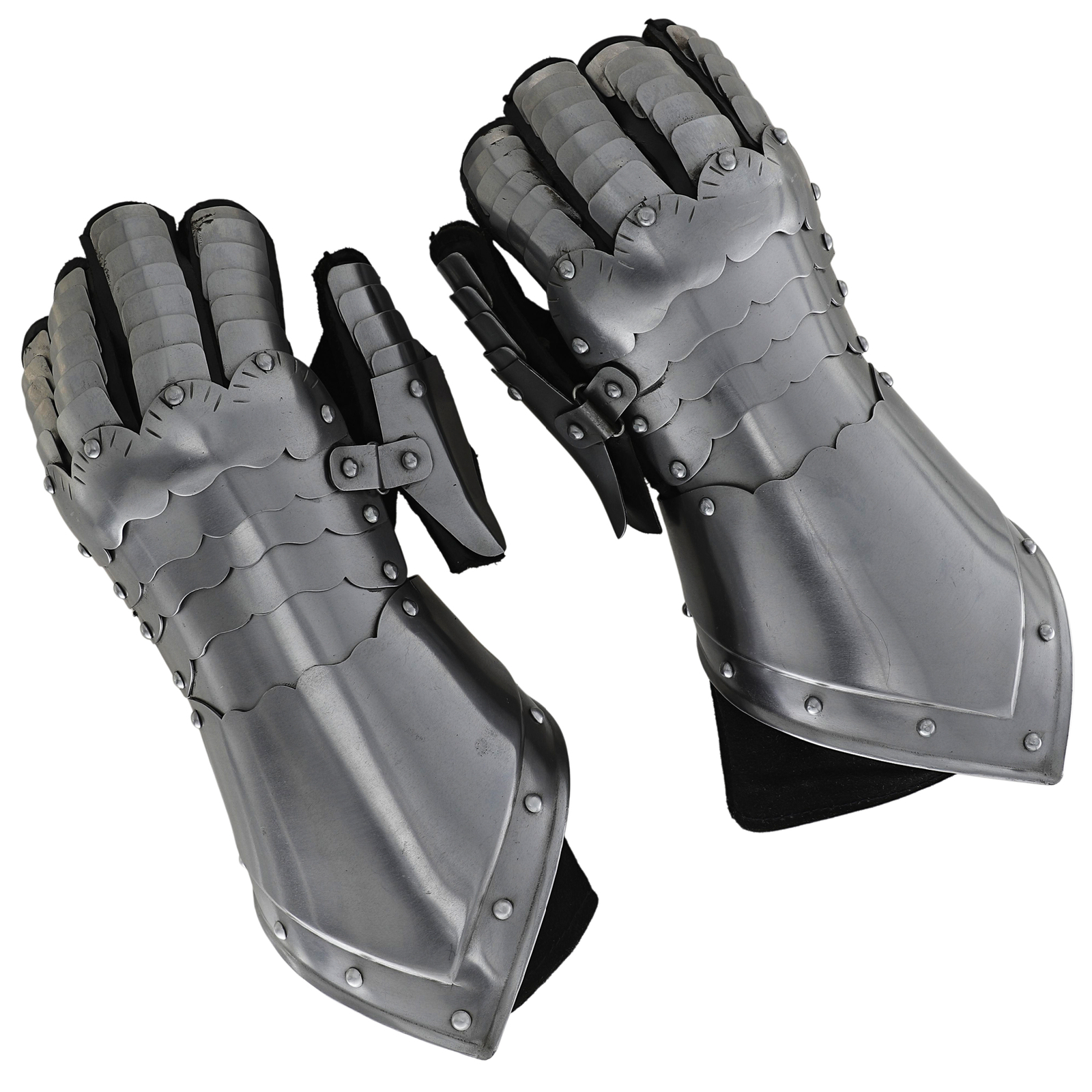 Medieval Steel Gauntlets – Polished Hand Armor with Leather Straps & Buckles