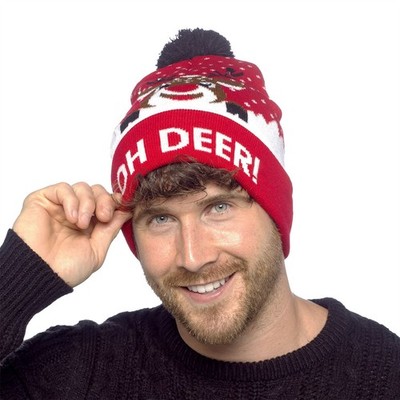 Light-Up Christmas Beanie Hat LED Santa Reindeer Snowflake Bobble Hat Unisex