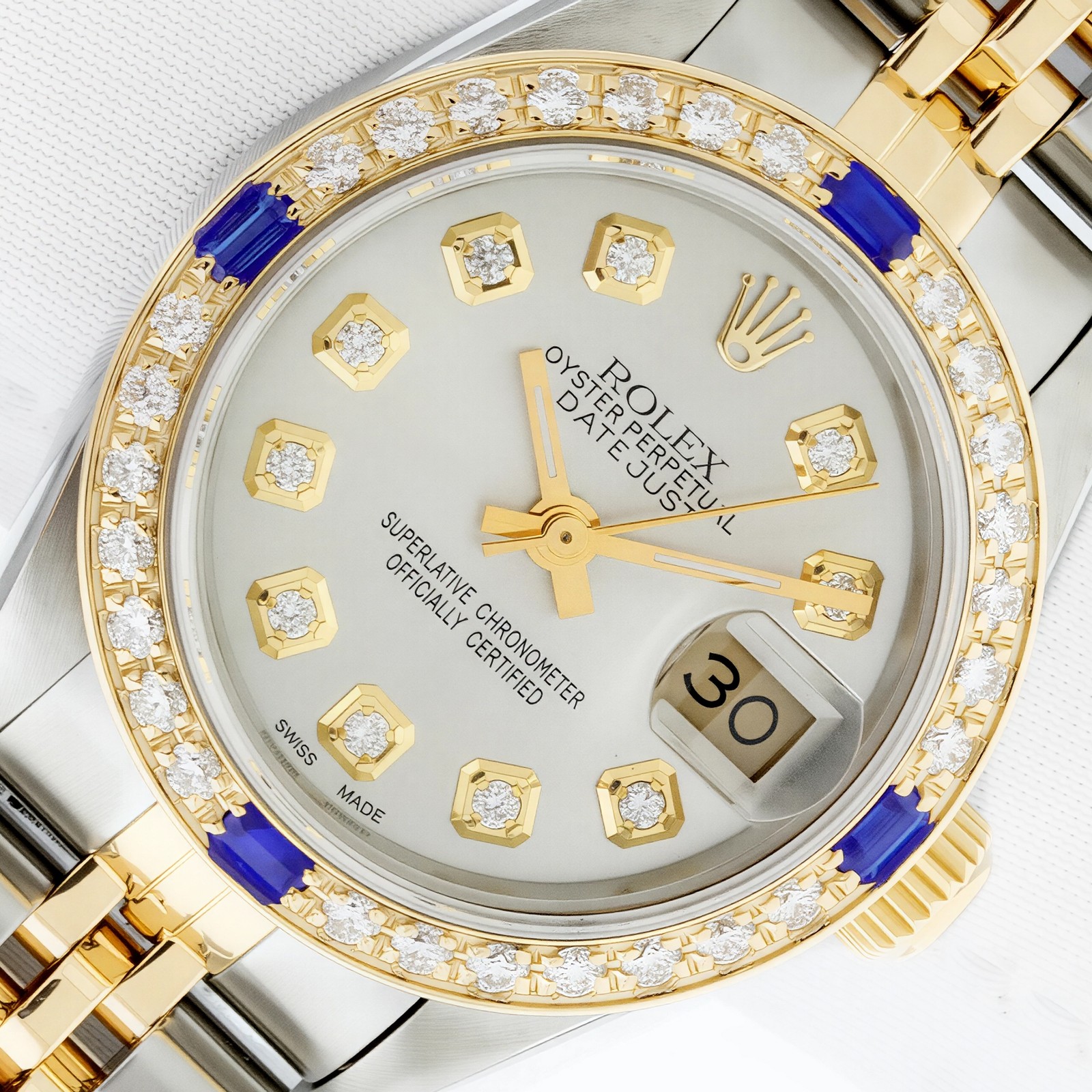 ROLEX LADIES WATCH DATEJUST SILVER DIAMOND DIAL STEEL- 18K GOLD DIAMOND SAPPHIRE