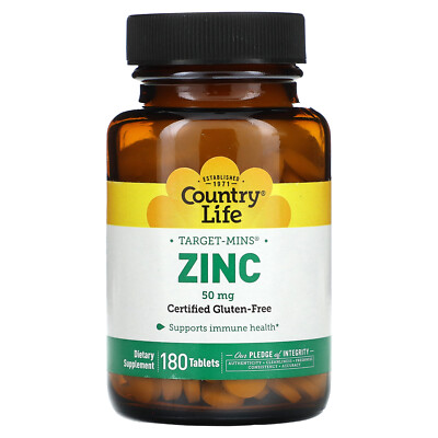 Country Life Zinc 50 mg 180 Tablets Gluten-Free, GMP Quality Assured , Kosher,