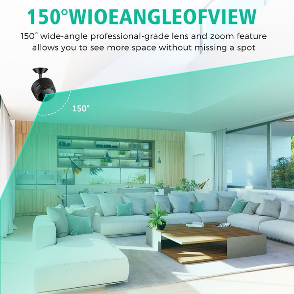 Wide-angle lens view of modern living room interior.