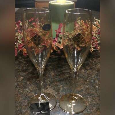 Franco-Vetrerie' e' Cristallerie-NIB Iridescent Amber Champagne Flutes