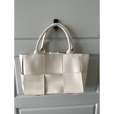 Off White Cream Leather Acro Woven Tote Basket Medium Size Shoulder Purse