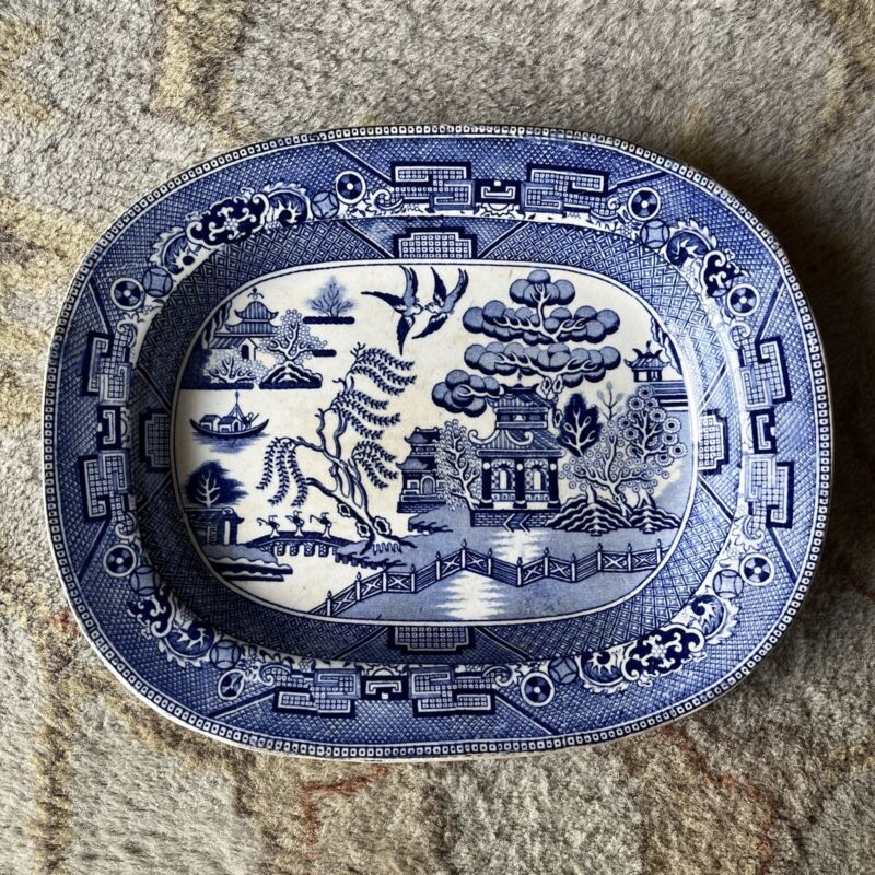 19th Century Antique English Staffordshire Blue Willow Platter 7 3/4” X 9 5/8”