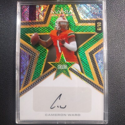 2024 Wild Card Automania Football Cameron Ward Auto /10 PRC Vintage Flag Miami