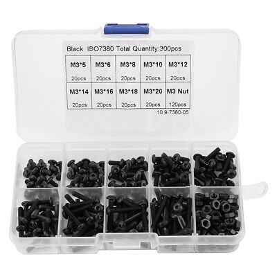 300pcs M3 Black 10.9 Grade Button Head Hex Socket Screw Bolt Nut Assortment Kit
