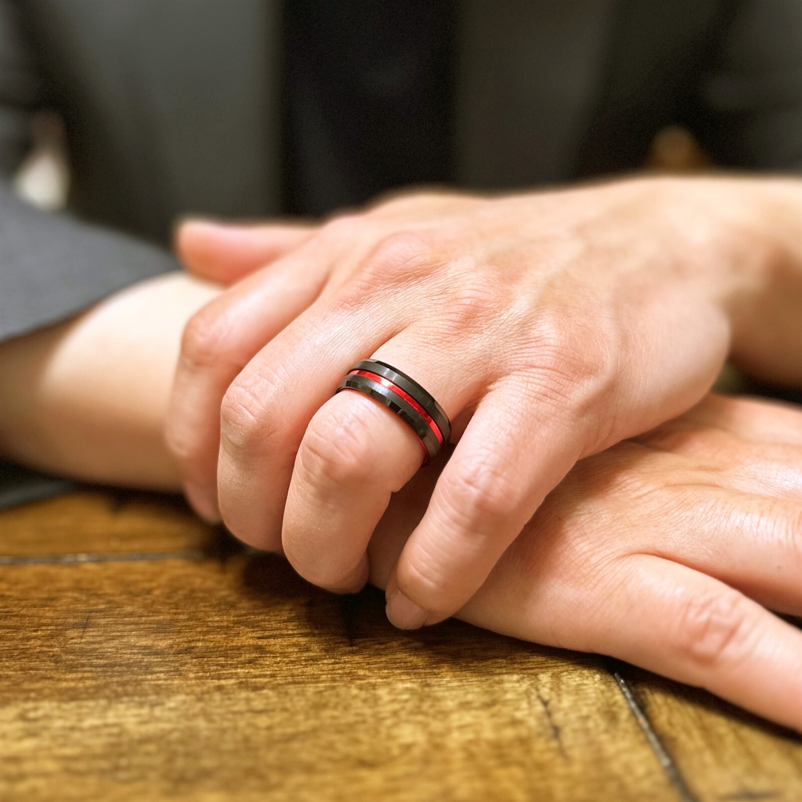 Black Tungsten Carbide Mens Thin Red Line Band Ring-Firefighters First Responder