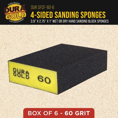 60 Grit 4-Sided Hand Sanding Block Sponges, 6/Box - 3.9" x 2.75" x 1" Wet or Dry