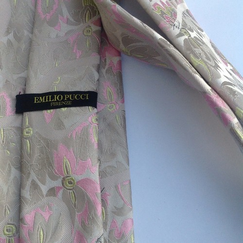 Vintage Emilio Pucci Pink Gold Floral Jacquard Silk Mens Tie Dress 60s 70s Italy
