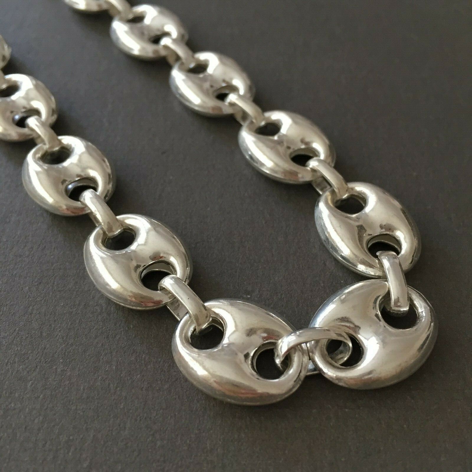 Pre-owned Handmade 14mm Hollow Puffed Marina Link Chain Necklaces 925 Silver Sterling 28inch 71gr