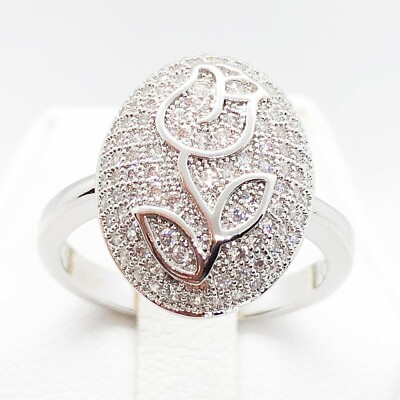 R6436 Women Fashion Jewelry White Yellow Gold Plated Tulip Flower Eternity Ring