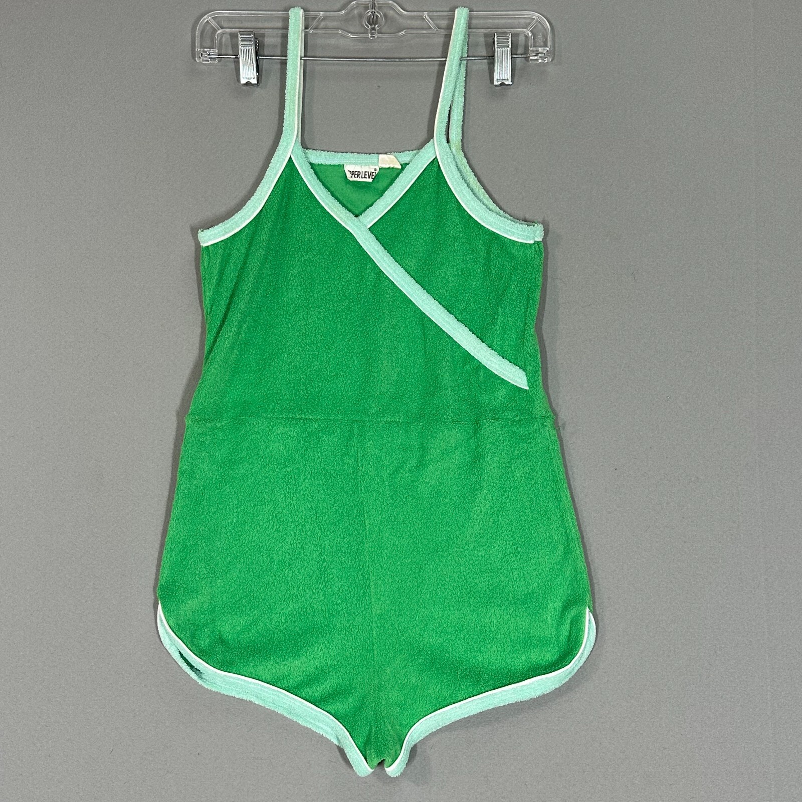 VTG 70s Terrycloth Romper One Piece Jumper Green V-Neck