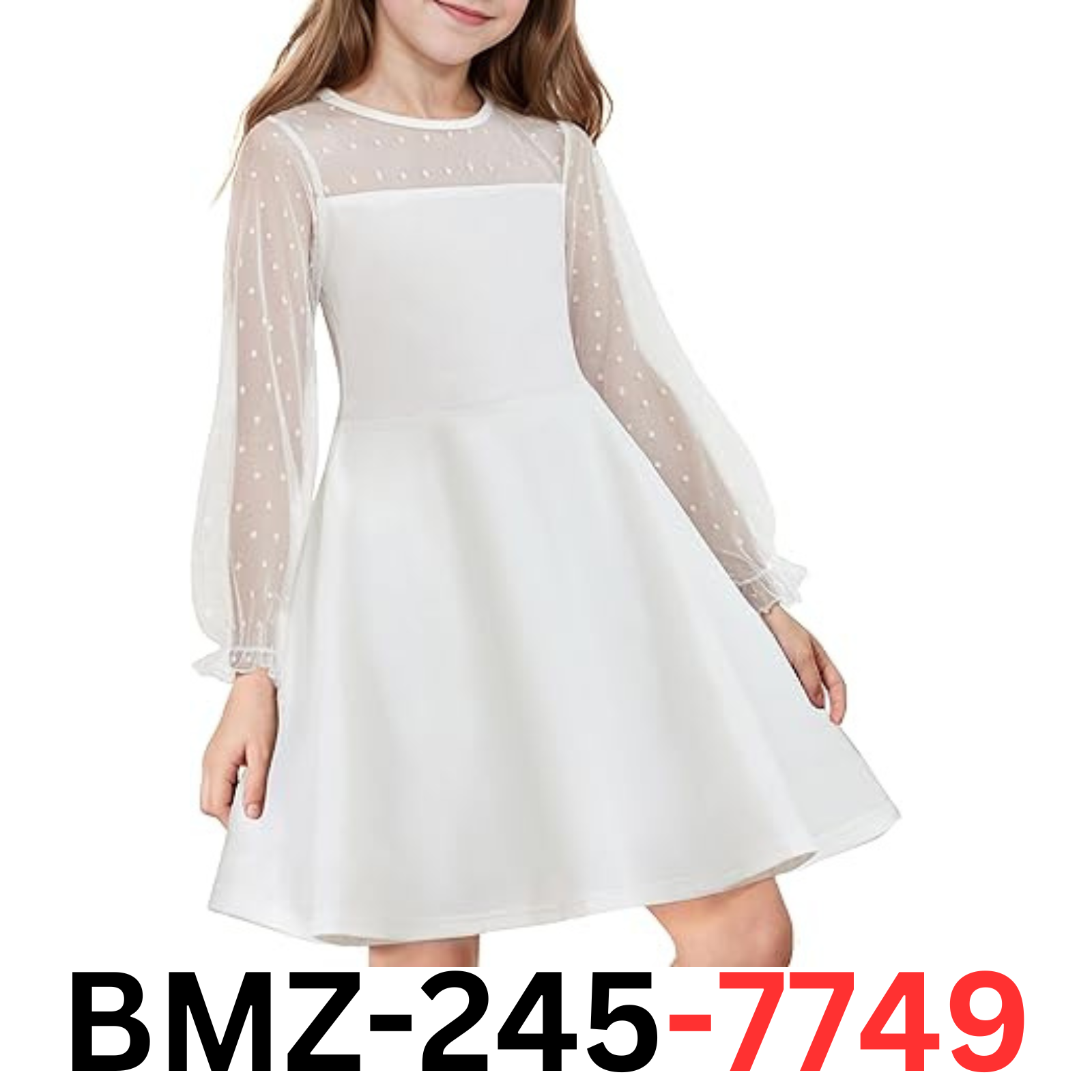 Flypigs Polka Dots Mesh Puff Long Sleeve White Wedding Flower Girl Dress 12-13Yr