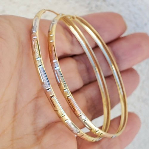Pre-owned Rosegold Big Real 14k Yellow White Rose Gold Round Greek Key Hoop Earrings 2.25 Inch Long