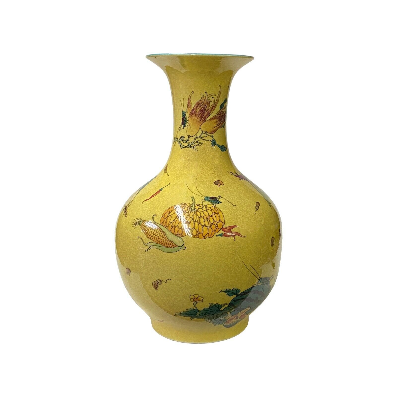 Chinese Crackle Yellow Porcelain Fruit Grasshopper Graphic Vase ws1648S Chinese Crackle Yellow Porcelain Fruit Grasshopper Graphic Vase ws1648S