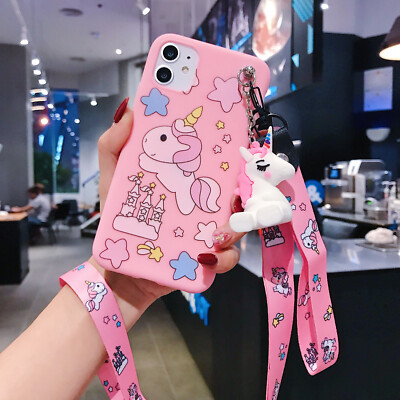 For iPhone Samsung Huawei Honor Cute Unicorn Doll Holder Strap Phone Case Cover