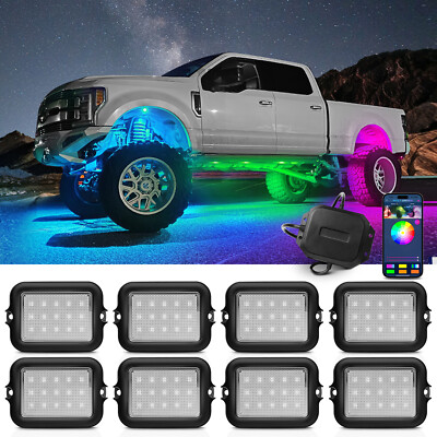 Wireless 8pcs RGB LED Rock Lights Dream Color Underglow Underbody Car Neon Light