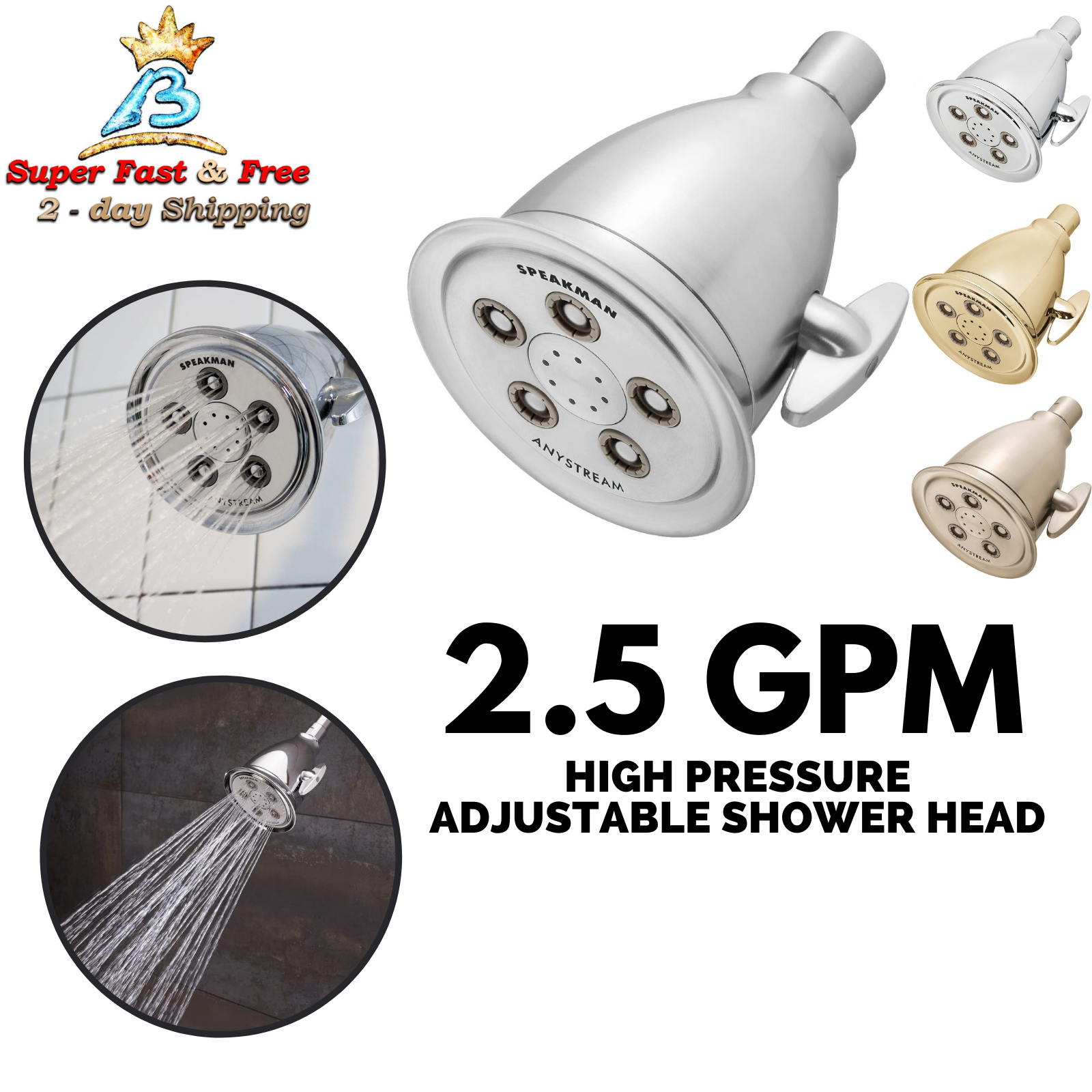 Adjustable Shower Head High Pressure Hotel Anystream 2.5 GPM