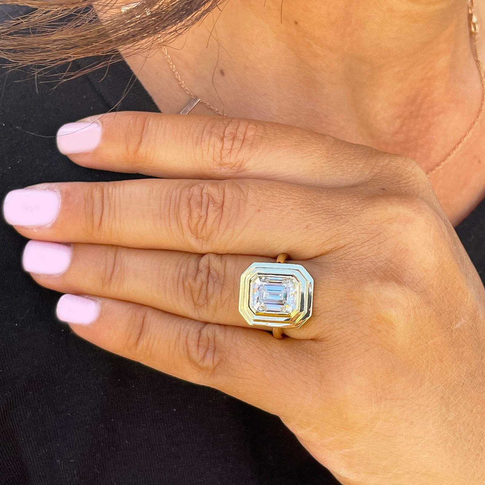 Pre-owned Knr 14k Solid Yellow Gold Emerald Cut Moissanite Engagement Ring Bezel Set 3.50ct