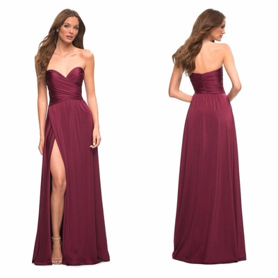 NWT La Femme 30700 Cross Bodice Strapless Jersey Gown w.Slit in Dark Berry sz 2