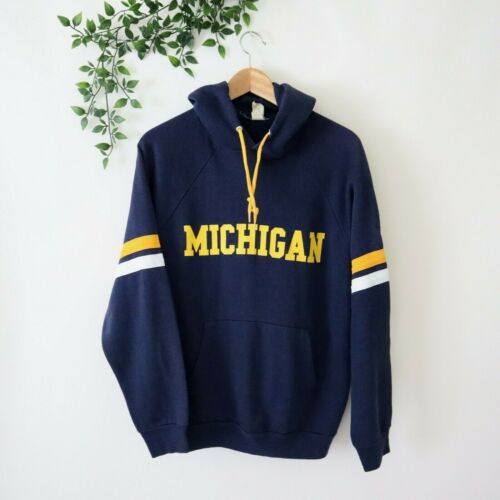 Vintage 1970s Michigan Hoodie Made In USA Blue & Gold L Large 