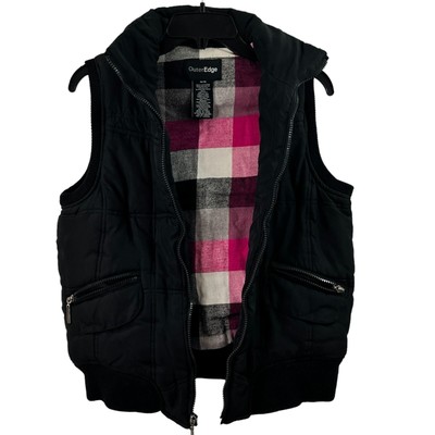 Outer Edge Women's Quilted Puffer Vest Size M Black Pink Plaid Lining
