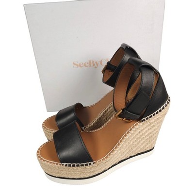 SEE BY CHLOE Glyn Platform Espadrille Wedge Sandals Black Leather EU 40 US 10