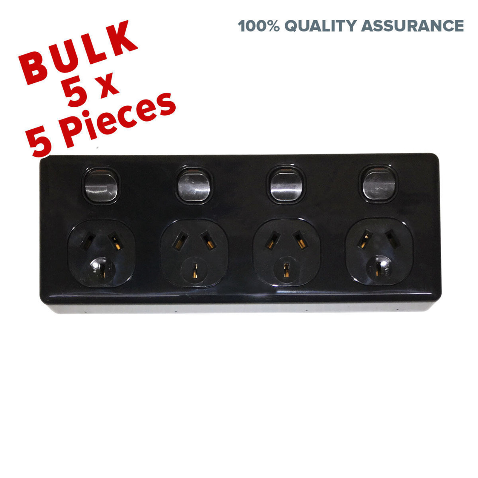 5X 4 Gang Double Pole Power Point Outlet Black GPO Quad
