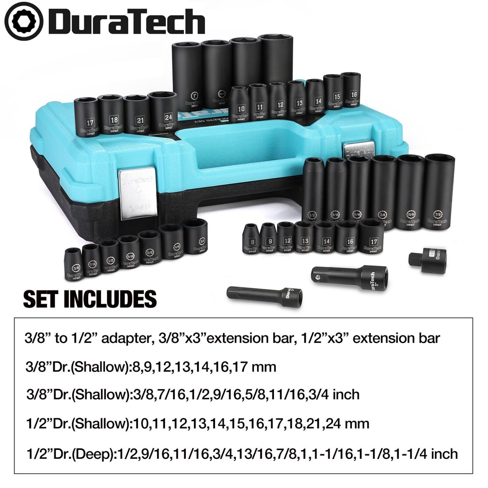DURATECH 38PCS Impact Socket Set 1/2" 3/8" Drive Deep ShallowS ockets Metric SAE