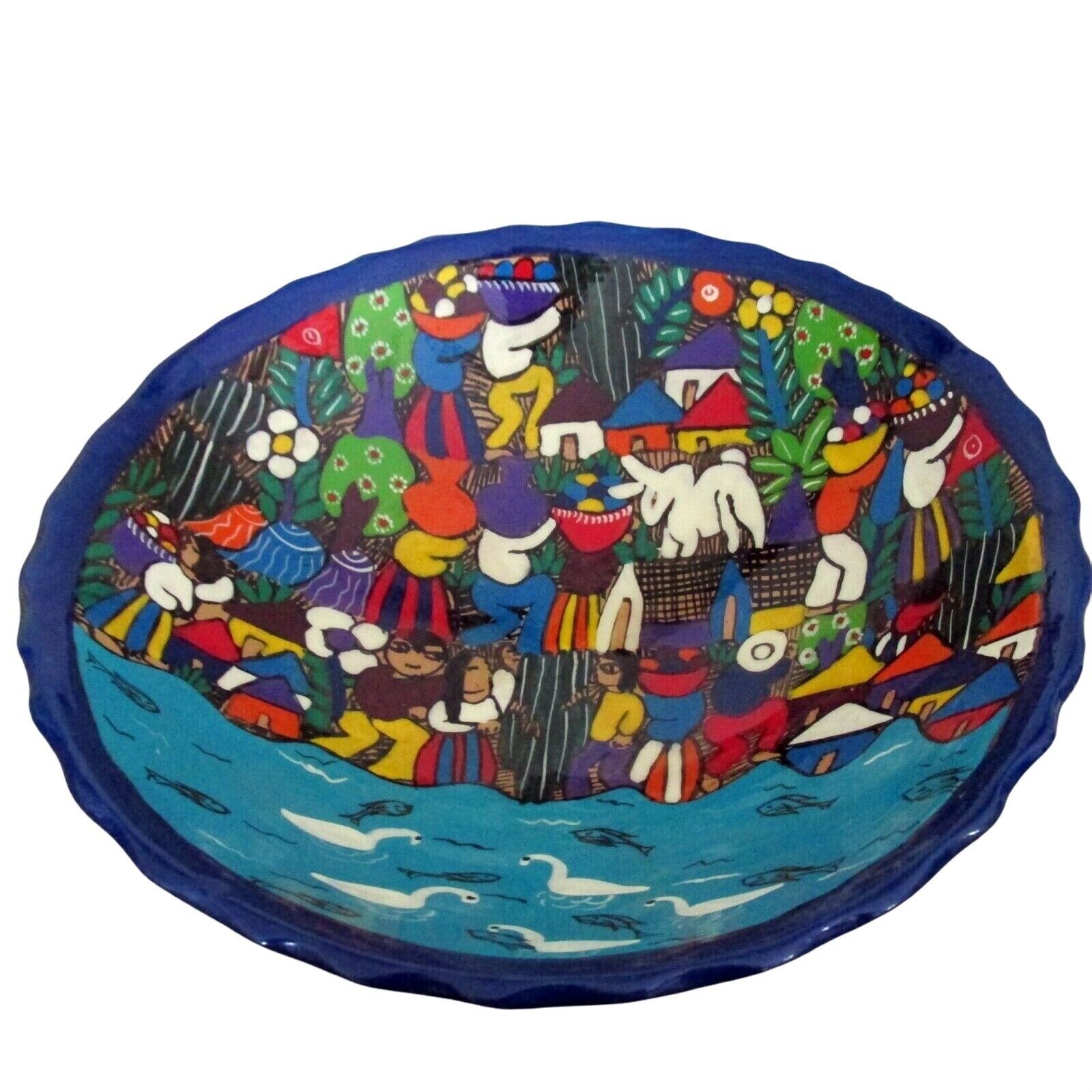 Mexican Clay Folk Art Round Bowl Fishing Harvest 9.5 in Farm Water Hand Painted