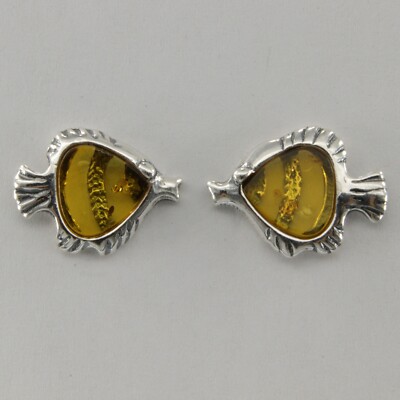 Cognac / Brown BALTIC AMBER Fish Post Earrings 925 STERLING SILVER Poland 5020e