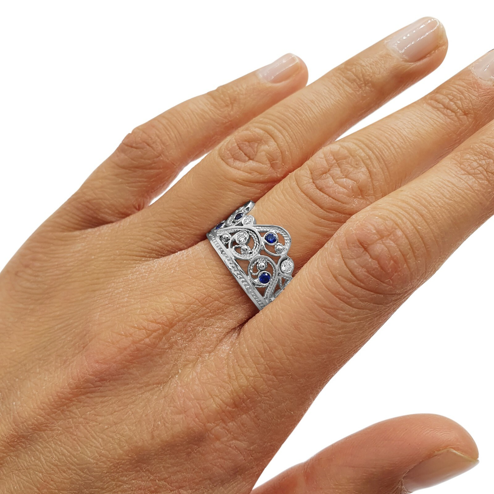Pre-owned Handmade Deluxe 14k White Gold Blue Sapphire Lavender Stone Filigree Crown Ring