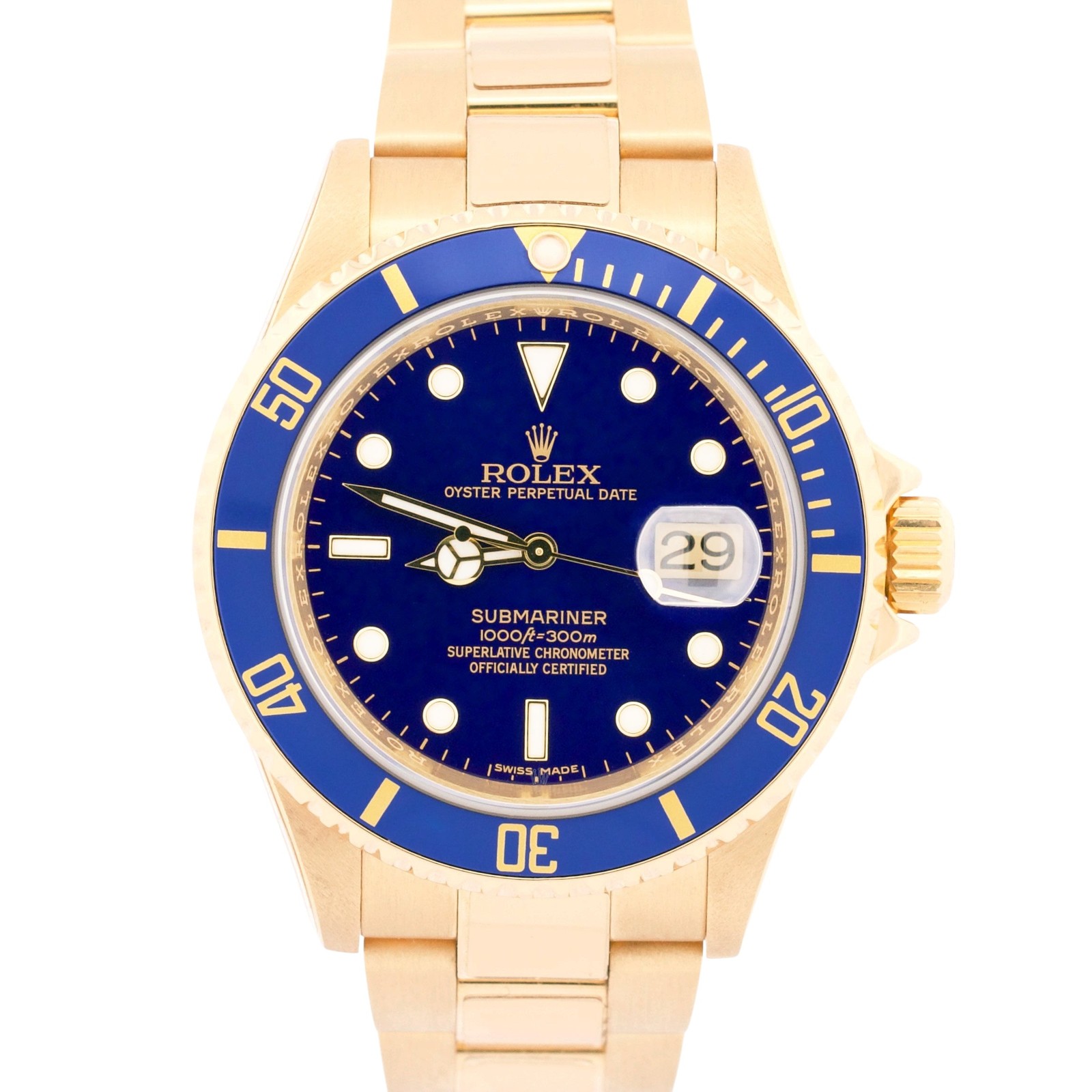 2009 Rolex Submariner Date 16618 Blue Rehaut No-Holes 18K Gold 40mm Box Papers