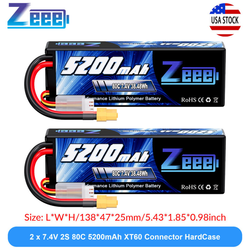 2x Zeee 2s Lipo Battery 5200mah 7.4v 80c Xt60 Hardcase For Rc Car Truck Truggy