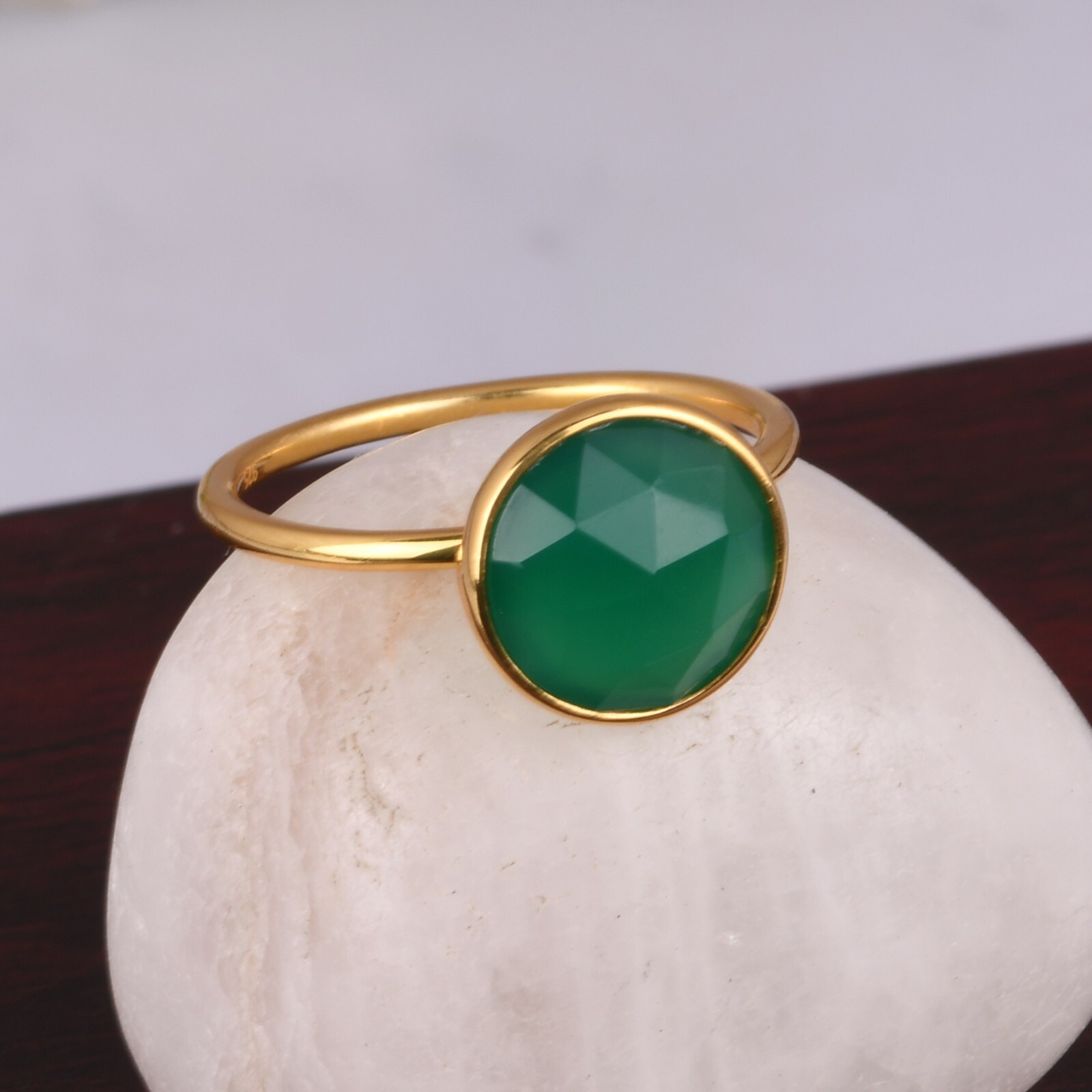 Faceted green onyx gemstone rings 18k gold plated simple