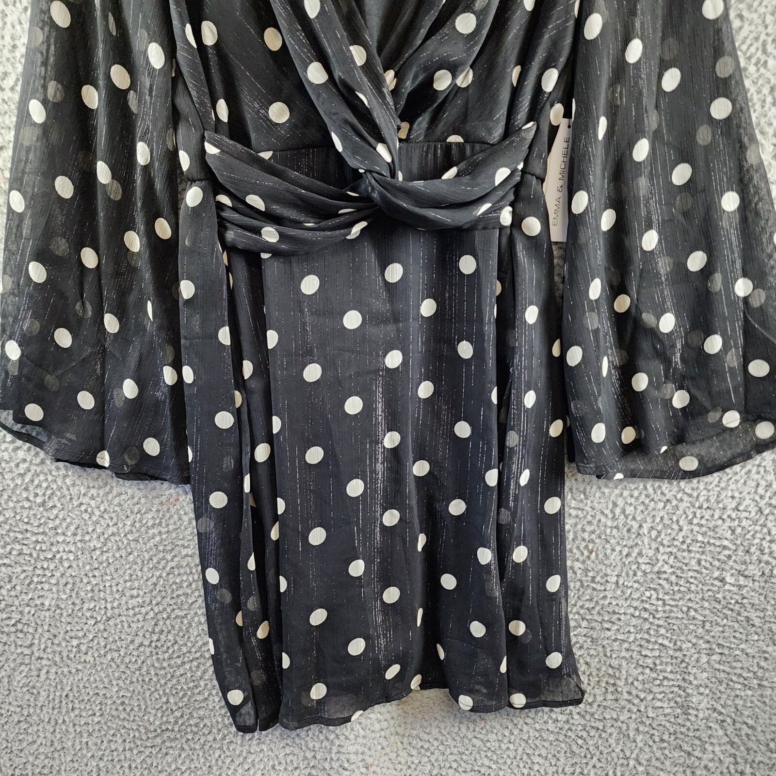 Emma & Michelle Faux Wrap Dress Women's M Black/White Dot Snap Front Button Back - Picture 2 of 11