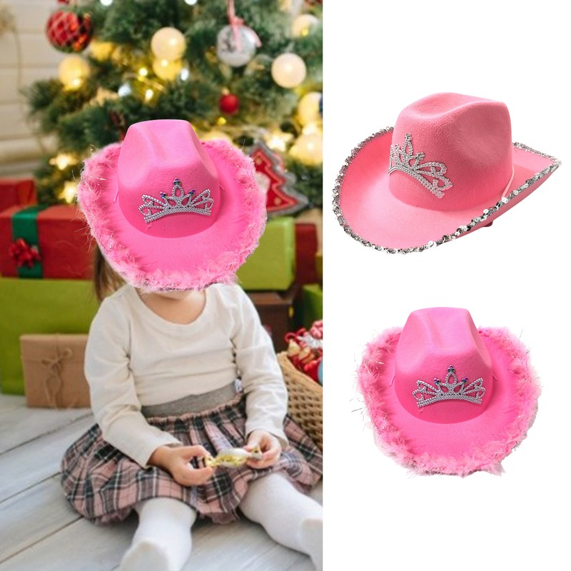 Kids Blinking Pink Crown Cowboy Hat Girls Summer Shapeable Beach Western Cowgirl