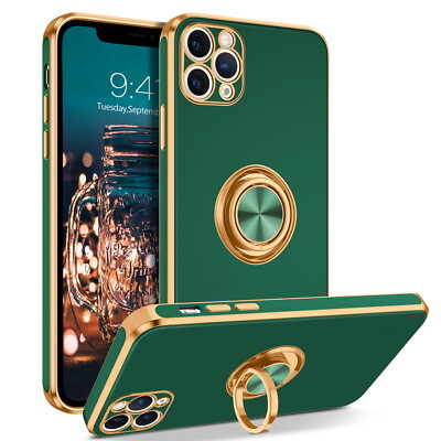 For iPhone 14/13/12/11 Pro Max Case Green Ring Holder Shockproof Phone Cover