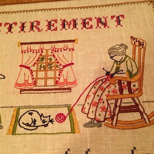 VINTAGE EMBROIDERY Crewel Sampler Retirement Twice the husband, half Money FRAME